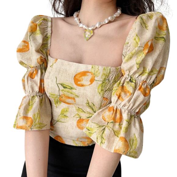 Urban Outfitters Orange Print Chelsea Square Neck Puff Sleeve Cropped Top Medium - Picture 1 of 5